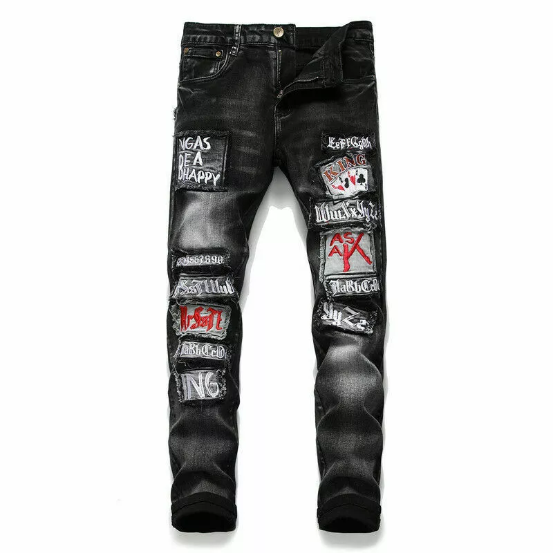 NEW Patchwork Mens Ripped Patch Jeans Joggers Snow Distressed Denim Trousers  Hole Stone Washed Straight Torn Pants | Wish