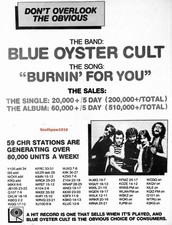 1981 Blue Oyster Cult "Burning For You" Song  Release Industry Promo Reprint Ad