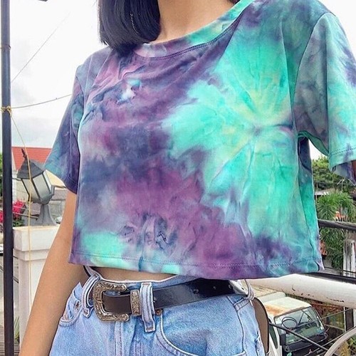 Purple Blue Tie Dye Short Sleeve Crop 