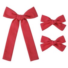 Cotton Linen Hair Accessories Set Red Hair Bows  Ponytail Knot Bows in 2 Siz...