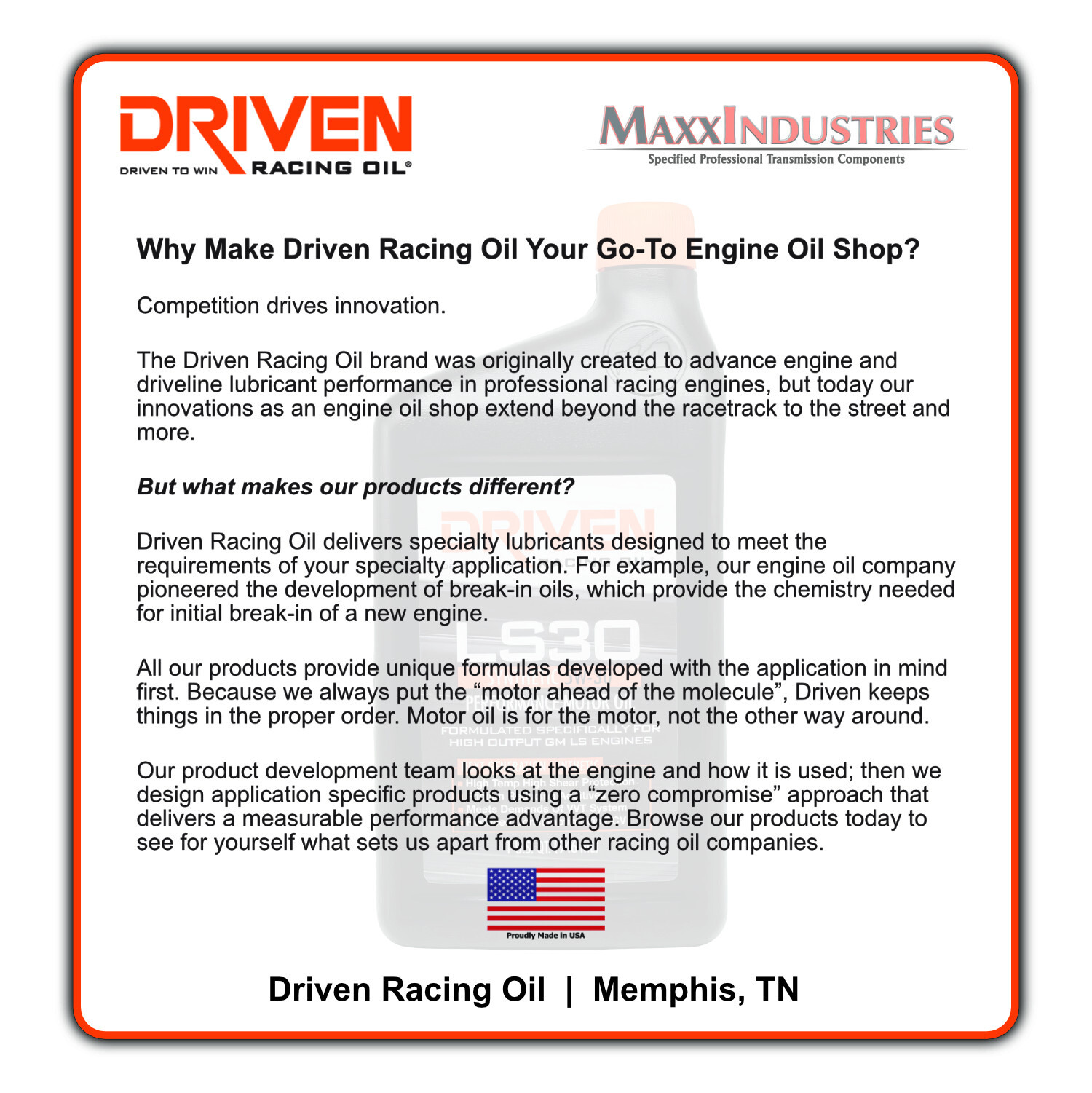 Driven Motor Oil -LS30 Racing Oil - High Zinc - 5W30 - Full Synthetic - 6 qt