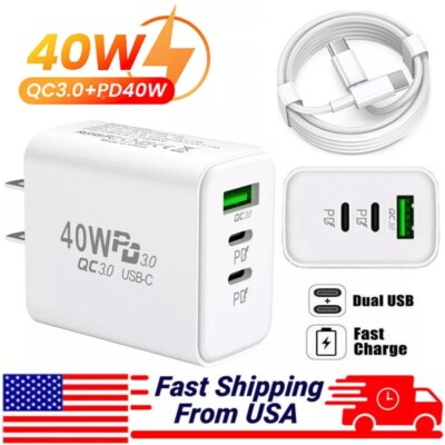40W USB C Fast Wall Charger Block For iPhone, iPad, Samsung, Google, Xiaomi, LG
