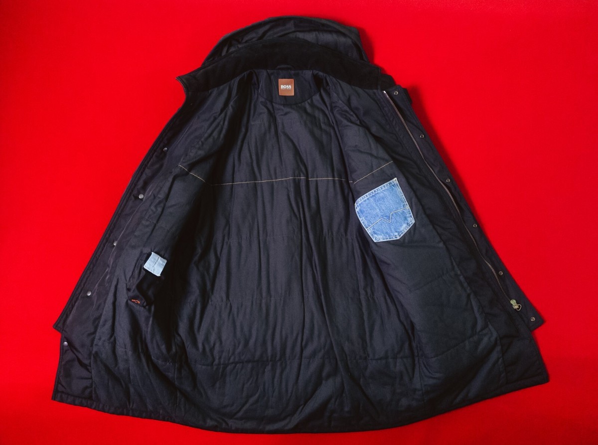 HUGO BOSS Orange Men Zip Black Nylon Hooded Parka Size 52 / XL