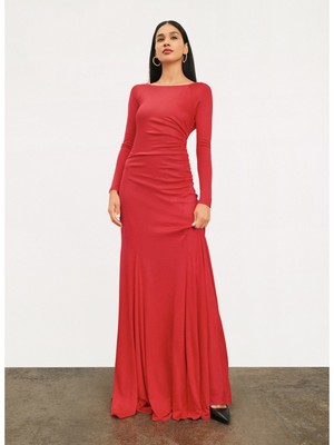 DONNA KARAN NEW YORK Womens Red Deep V-back Lined Full-Length Gown Dress 2