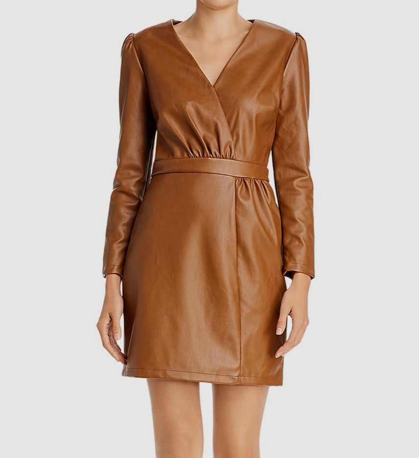 long sleeve faux leather dress $239 Lucy Paris Women's Brown Long-Sleeve V-Neck Mini Size XS %0D%0ATo%20maintain%20the%20beauty%20of%20your%20garment%2C%20please%20follow%20the%20care%20instructions%20on%20the%20attached%20label Boho Chic Leather Button Down