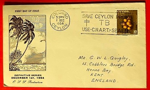 Colombo Save Ceylon From TB FDC December 1954 Definitive Issue 10 cents Kent