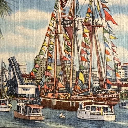Linen Postcard Gasparilla Carnival Ships Entering Harbor Tampa Florida FL UNP - Picture 2 of 3