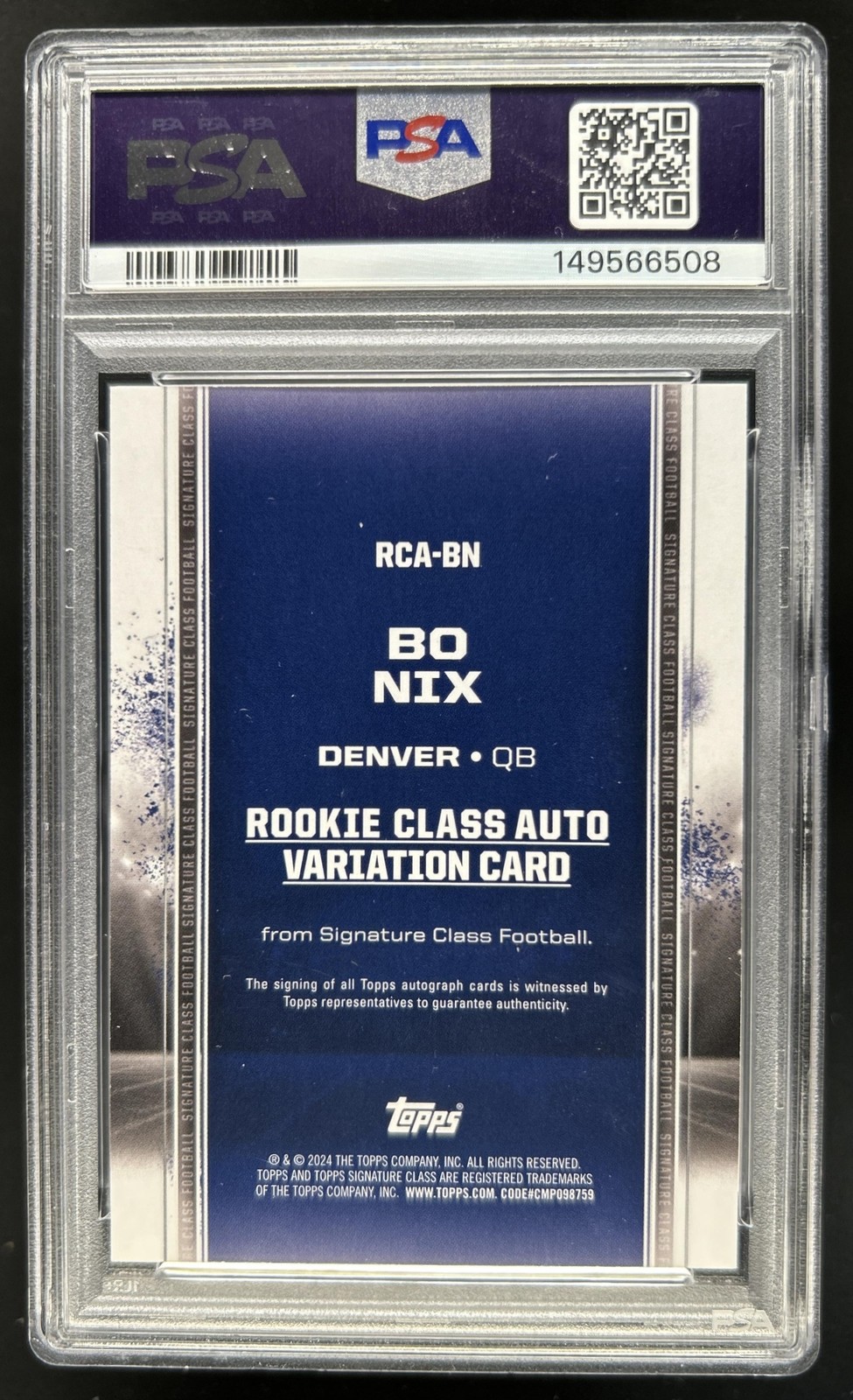 2024 Topps Signature Class Bo Nix I Auto RC #RCA-BN Broncos PSA 10 Rookie view 2