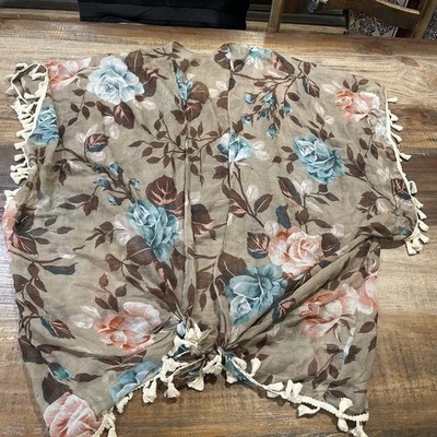 Floral Chiffon Rectangle Shawl Wrap Scarf Tasseled Brown Blue Pink White