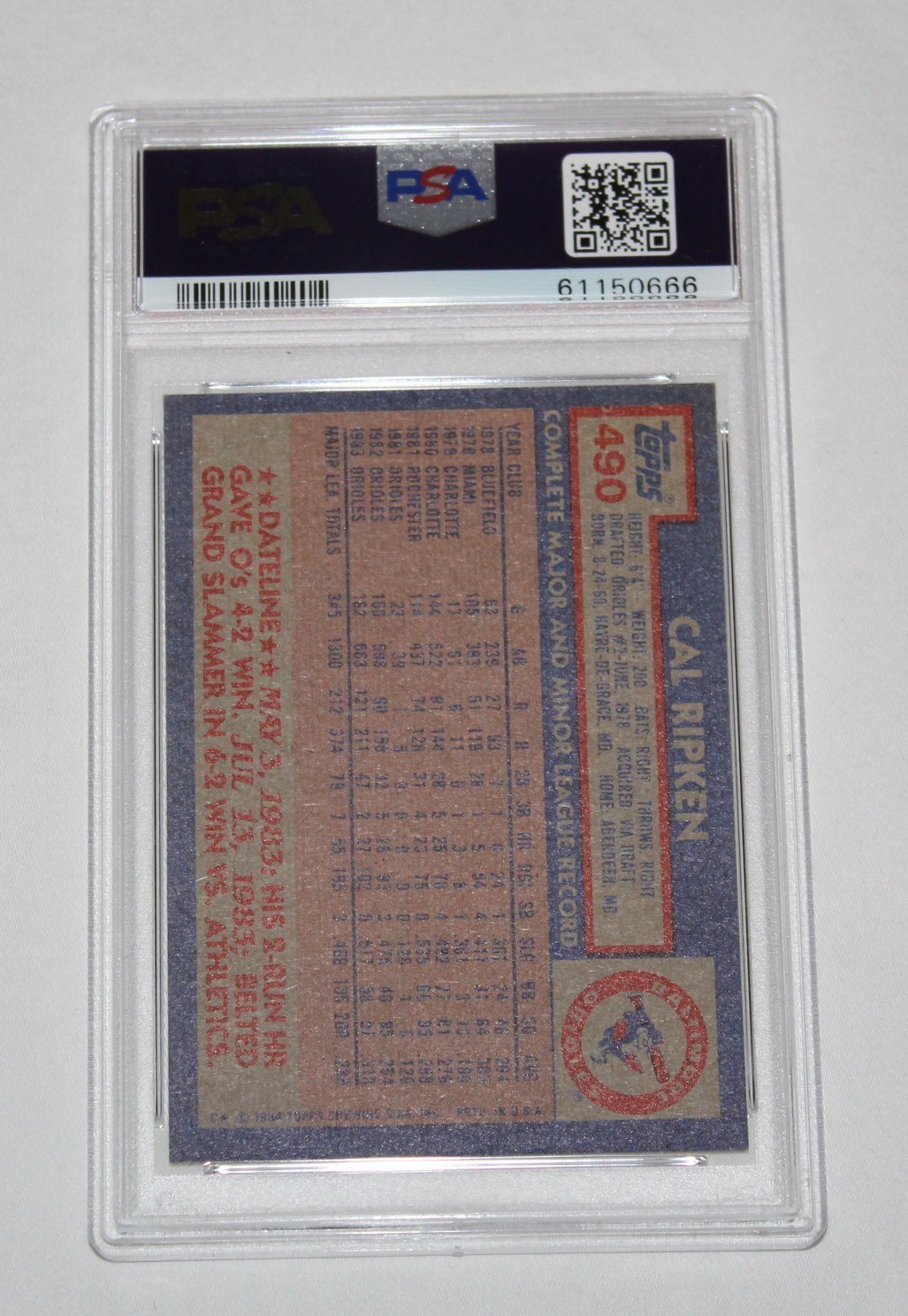 1984 Topps Baseball Card #490 CAL RIPKEN JR. Baltimore Orioles PSA 8 NM-MT view 2