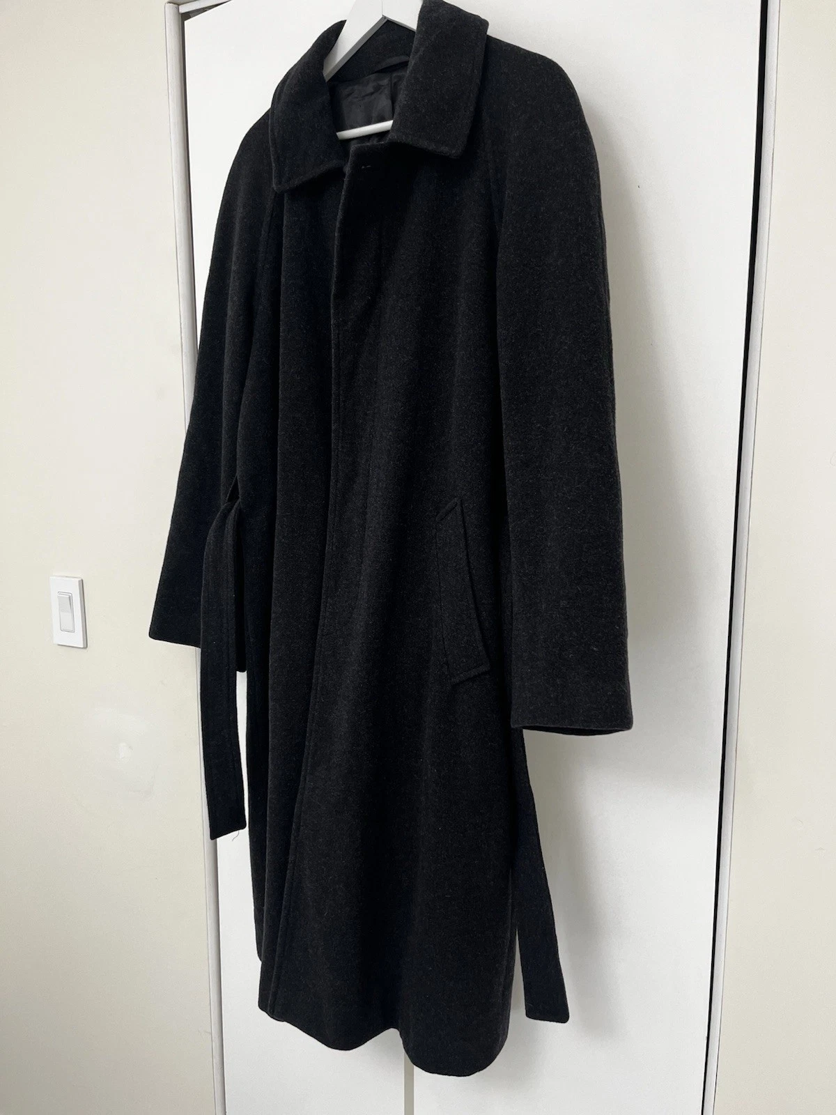 Men's Long Heavyweigth Wool Overcoat – Charcoal/Gray/Black– Belted Winter Coat image 3