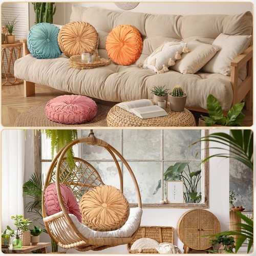 Set di 4 Cuscini Decorativi Rotondi Pieghettati da Lancio, Elegante Velluto Zucca Rotondo... - Foto 5 di 6