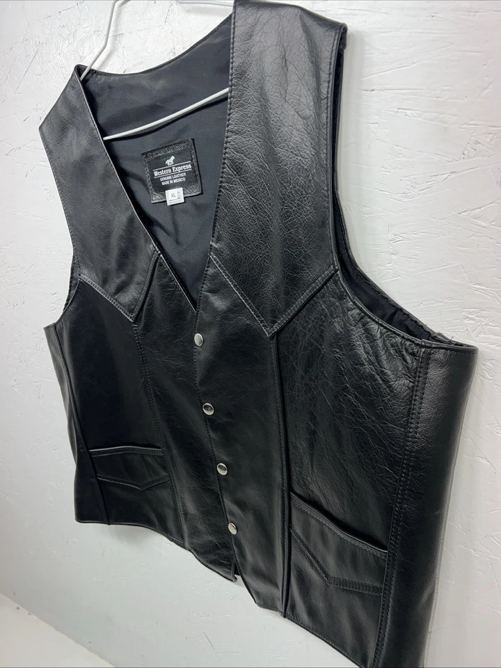 Nuevo chaleco de motociclista Western Express de cuero negro para hombre XL Q-603 Foto 3 de 4