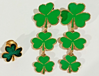 Vintage 1980's Green Enamel Shamrock Pin/Dangle Earrings Set Hallmark Guilloche