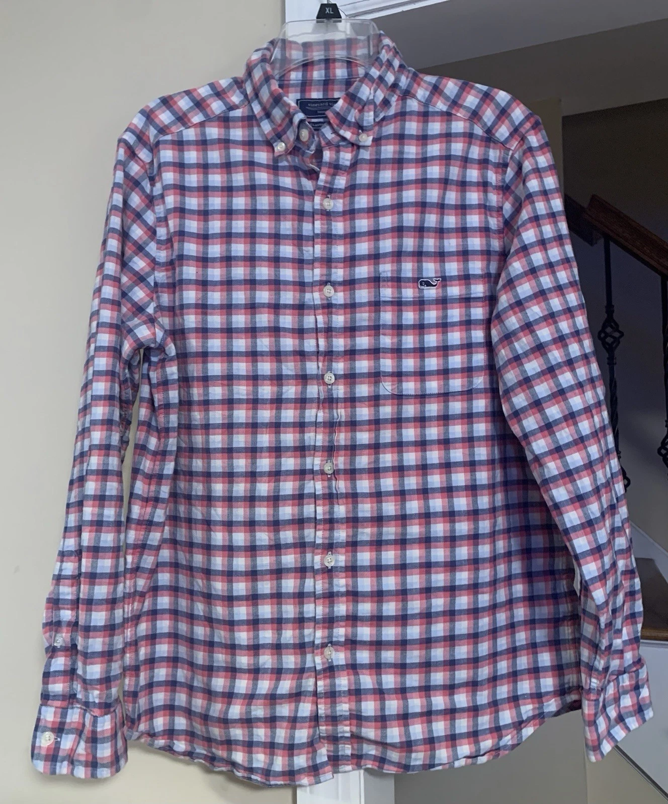 Vineyard Vines Mens Classic Fit Cotton Linen Blend Plaid Button Up Shirt Size M