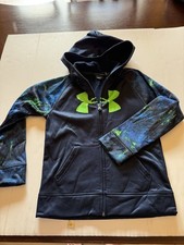 Under Armour Sz 7 Hoodie Sweatshirt Fleece Navy Neon Full Zip Jacket Logo Youth