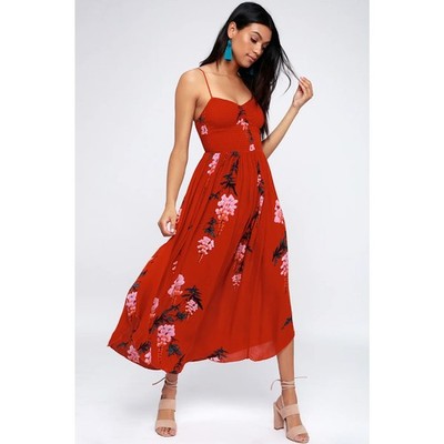 FREE PEOPLE Beau Smocked Printed Slip Maxi Dress Red Sz M $108 {3Y25}
