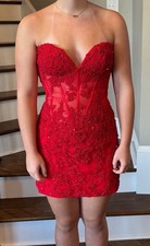 Sherri Hill-55279 Red short & strapless HOCO dress with flower & beading details