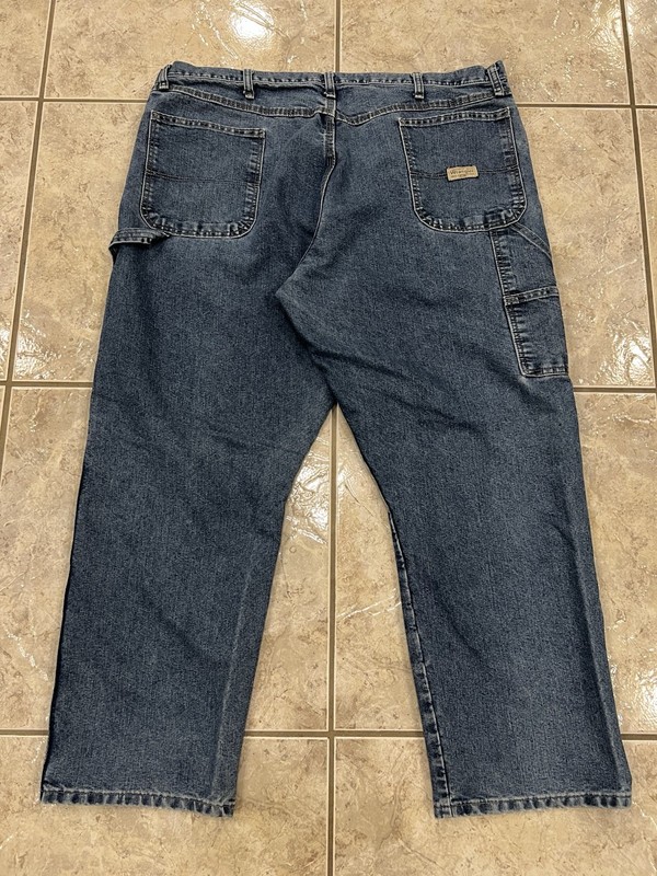 Mens 42X30 WRANGLER Denim Blue Jeans Carpenter utility Workwear Pants Distressed