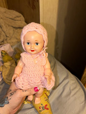 Vintage Girl Baby Doll Light Skin Straight Blonde Hair Blue Eyes Pink Outfit