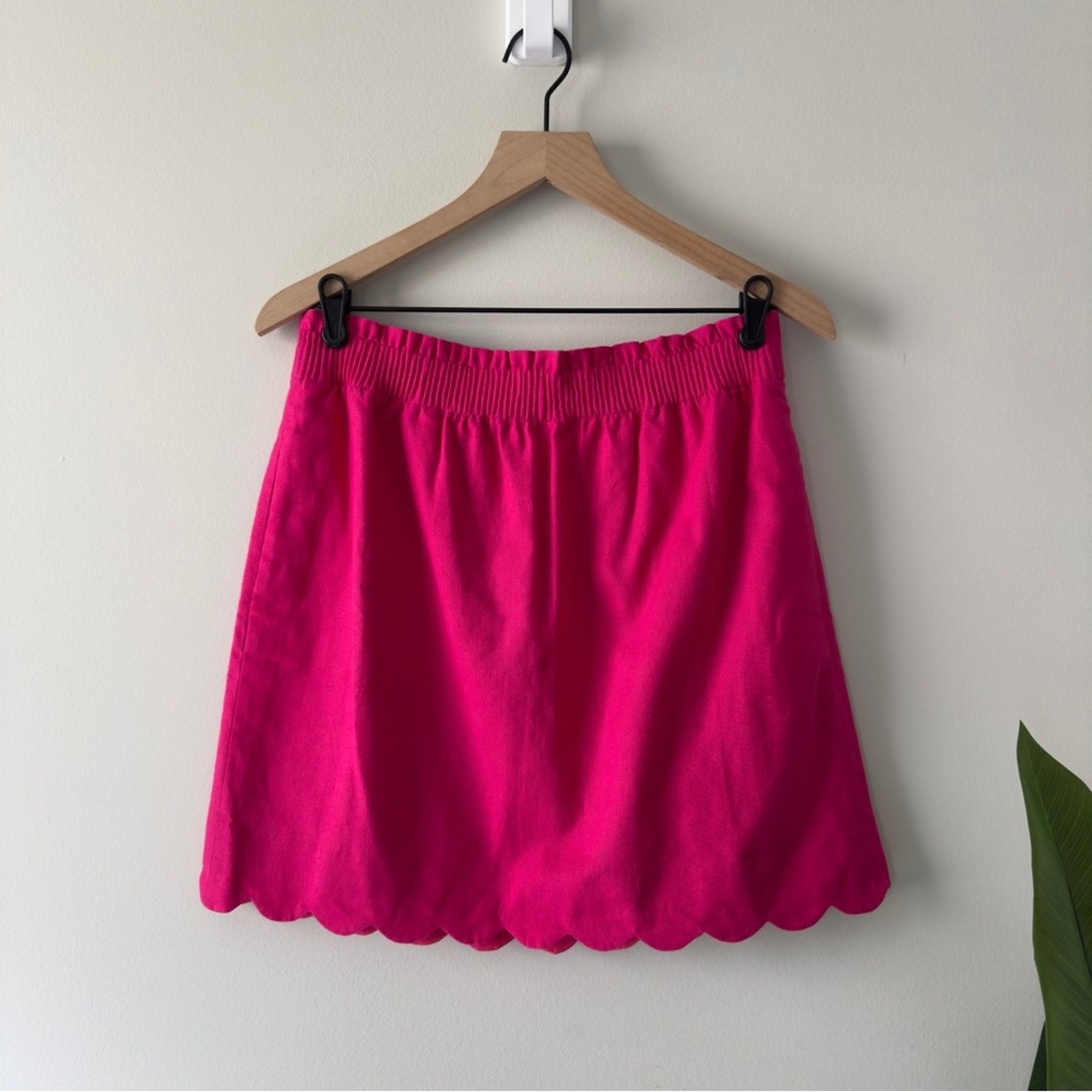 J Crew Pink Linen Cotton Bubble Mini Skirt with Scalloped Hem and Elastic Waist