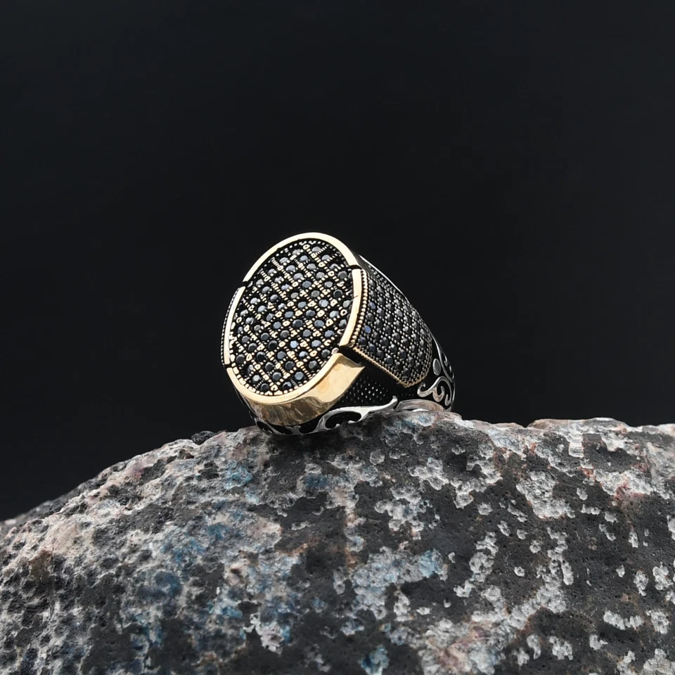 Anillo de plata de ley 925 hecho a mano turco con piedras preciosas de micro circón para hombre Foto 2 de 4