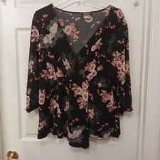 Biyaycda Blouse Women's Size 2X Black Floral Print Y2K Made In USA
