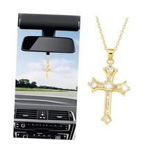 Bling Cross Car Hanging Ornament, Crystal Rhinestones Religious Vehicle Gold