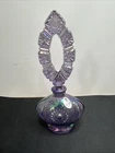FENTON Purple Iridescent Glass Perfume Bottle w/ Stopper and Label 7.5" Tall