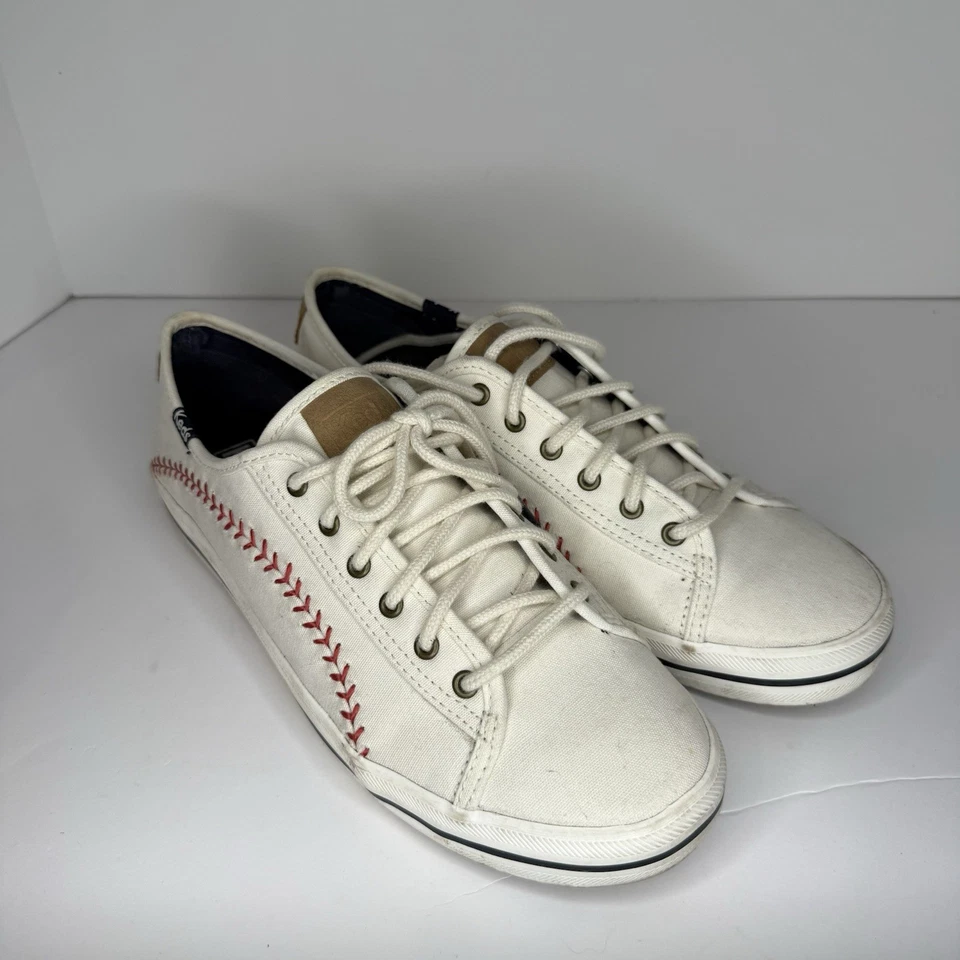 Keds Womens 8 Kickstart White Canvas Red Stitch Baseball Lace Up Sneakers - Image 2 of 4
