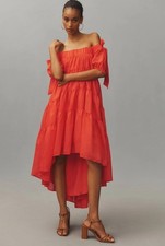 Anthropologie Off-The-Shoulder Tiered High-Low Midi Dress XS Vibrant Orange NWOT