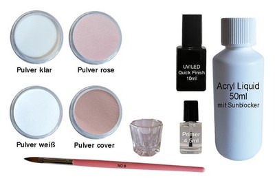 Set Acryl Pulver je 5g Klar Weiß Rose Cover Pinsel Liquid Finish Primer Acrylset