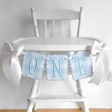 Bow 1st Birthday High Chair Banner Blue Gingham Embroidered ONE Garland with ...