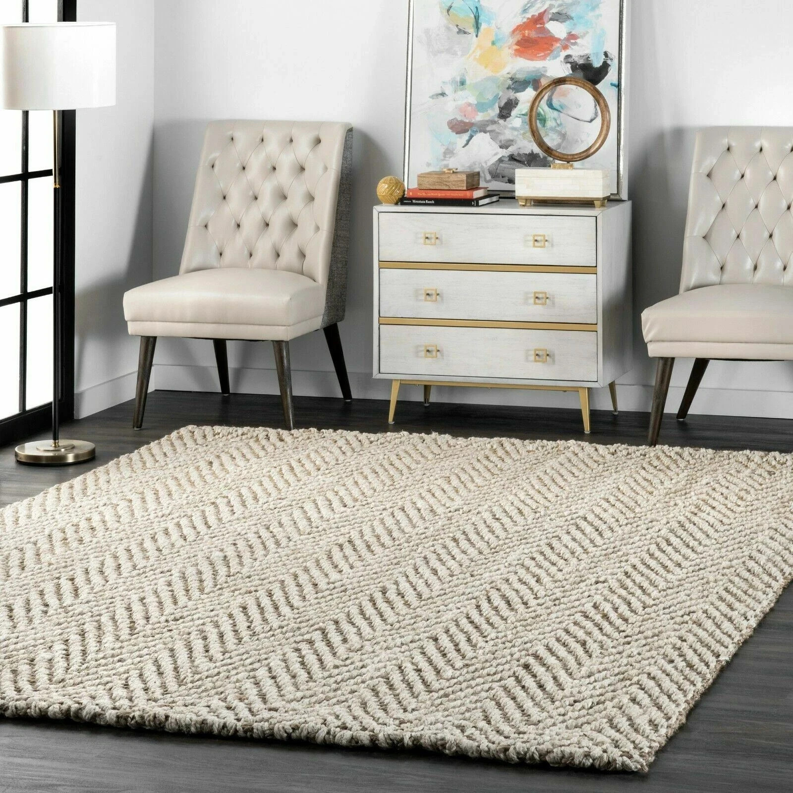 Hand Made Natural Jute and Wool Blend Area Rug with Fringe in Tan