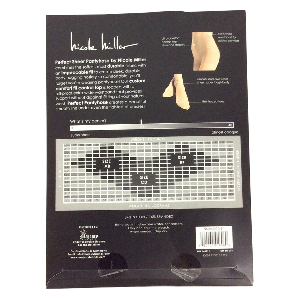 Nicole Miller New York Perfect Sheer Pantyhose Size CD Large Black Control Top - Image 2 of 3