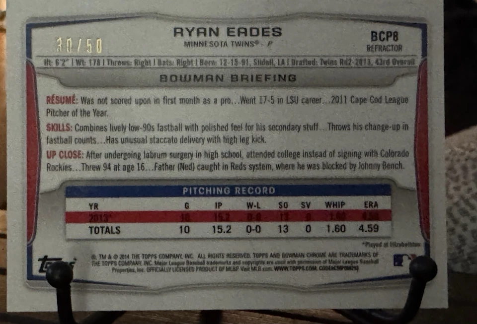 2014 Bowman - Prospects Chrome Ryan Eades #BCP8 Gold Refractor /50 (RC) - Image 4 of 4