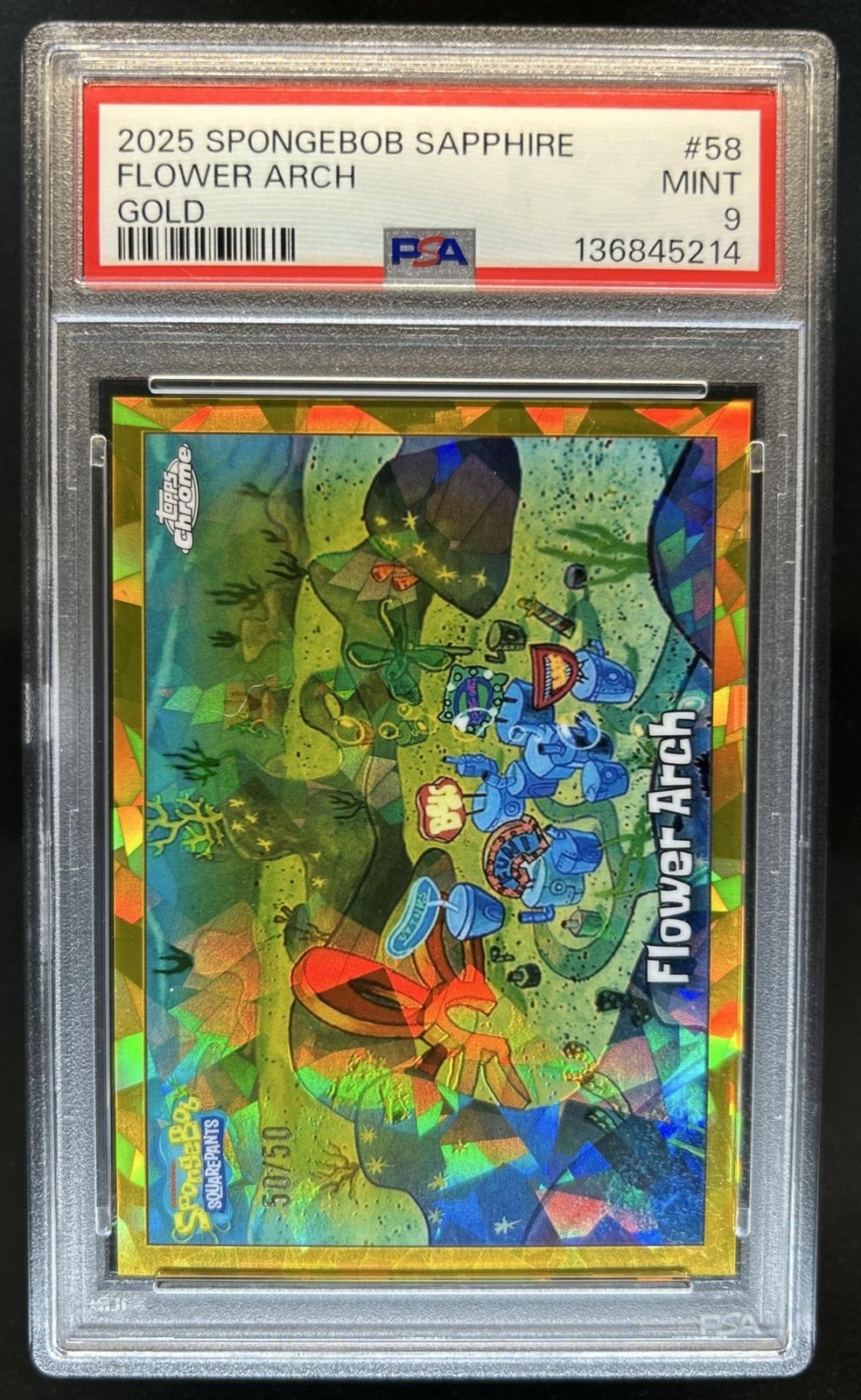2025 Topps Chrome SpongeBob Sapphire Flower Arch Gold Refractor #/50 PSA 9