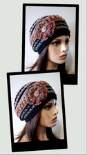 handmade crochet womans flower hat beanie boundless brown black puffs USA made