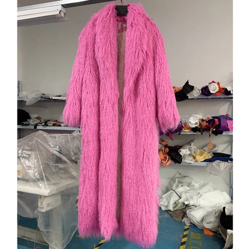 Women Fur Coat Long Overcoat Lapel Faux Lamb Fur Over Knee Length Winter Parkas - Picture 29 of 35