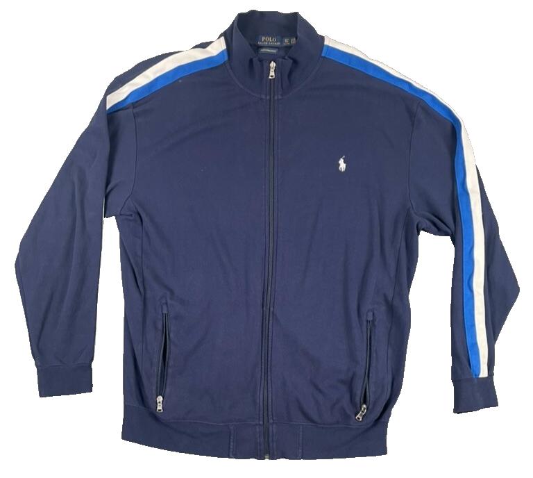Giacca uomo vintage Polo Ralph Lauren track taglia XL full zip blu navy a righe bianco pony