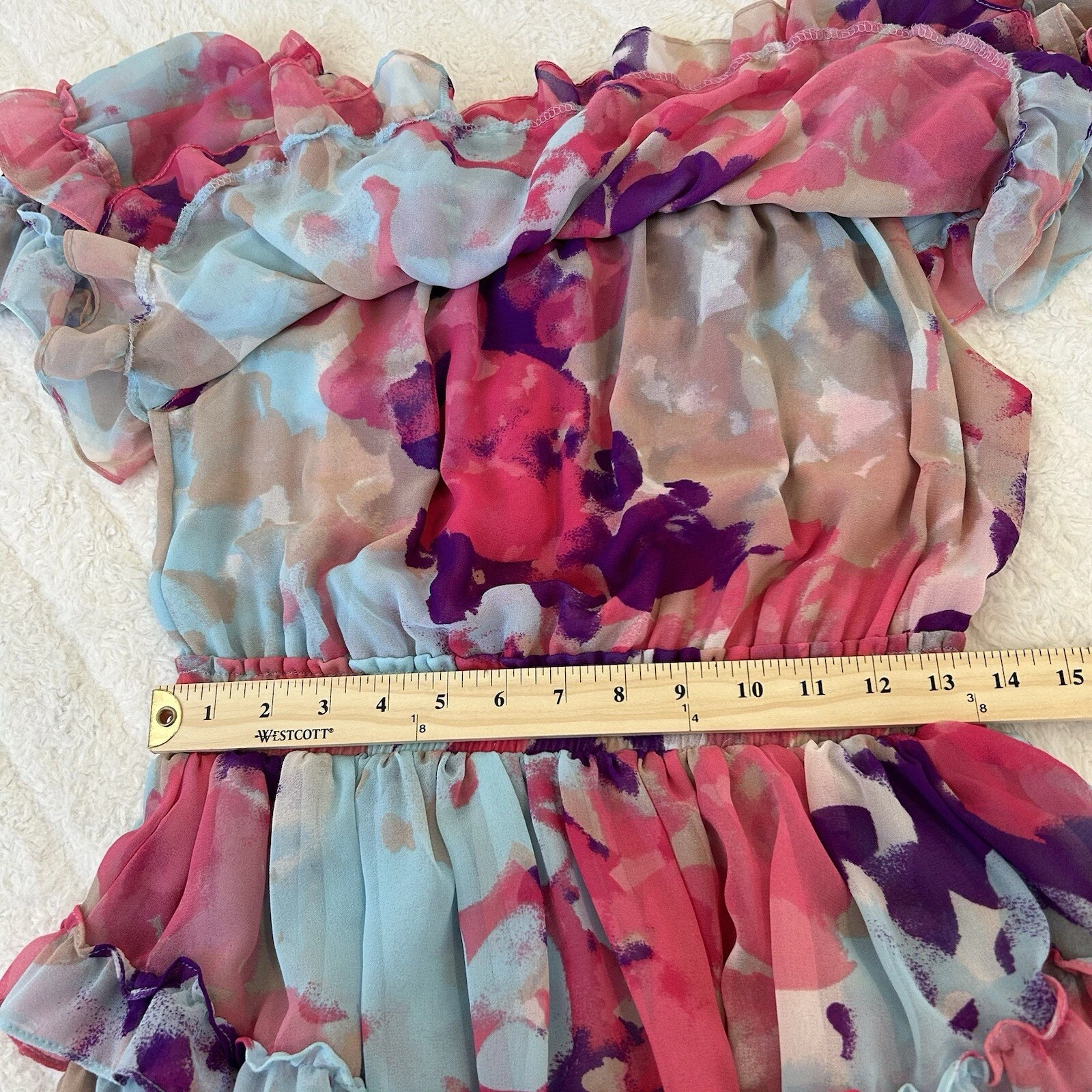 PALM ANGELS MISA Los Angeles Isella mini abito floreale con volant taglia S rosa blu multi floreale divertente