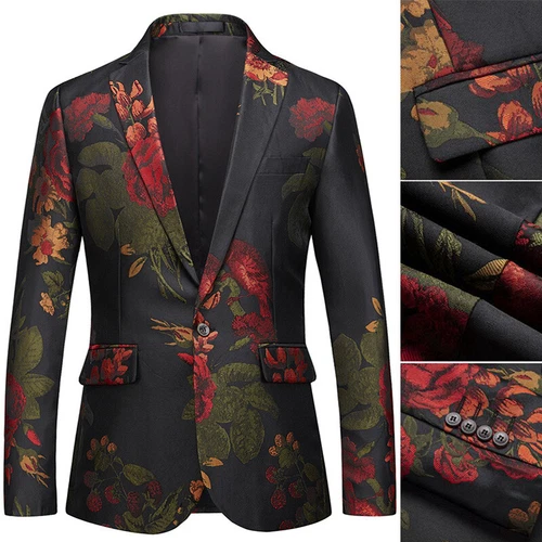 Men Business Floral Suit Blazer Dress Jacket Pocket Casual Party Cocktail Jacket - Bild 5 von 9