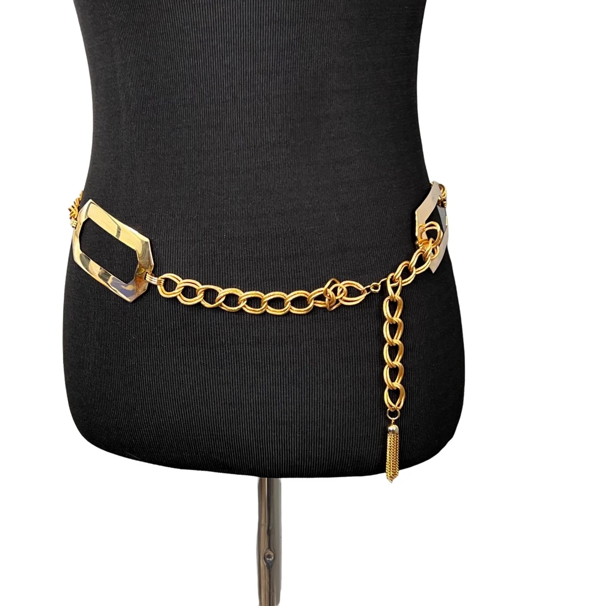 Vintage Gold Tone Metal Chain Link Belt Hip Tassel Dangle Adjustable