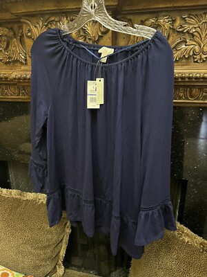 Cupio Navy top large Orion blue Bohemian Style Quarter Flare Sleeve Ruffle New