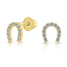10K Real Solid Yellow Gold Horseshoe CZ Sleeper Studs Earrings Screw-back