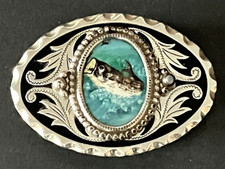 Vintage Belt Buckle Fish Silver Tone Black Western Leaf Scroll Fisherman Grandpa