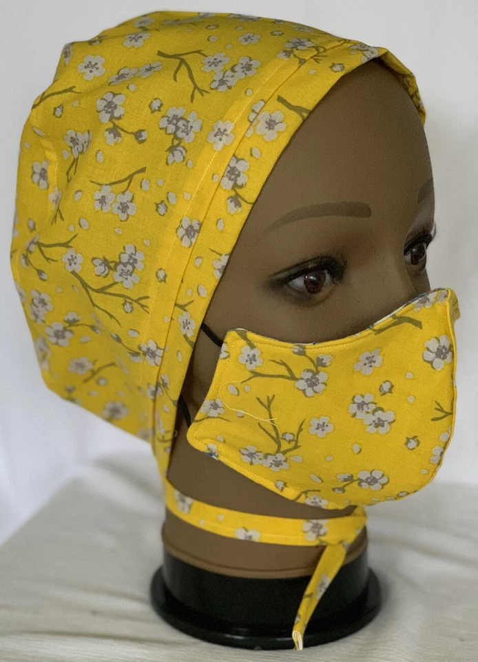Yellow Floral Scrub Hat And Face Mask Set - Image 2 of 4