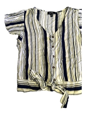 By & By Striped Button Front Tie Hem Short Sleeve V Neck Top