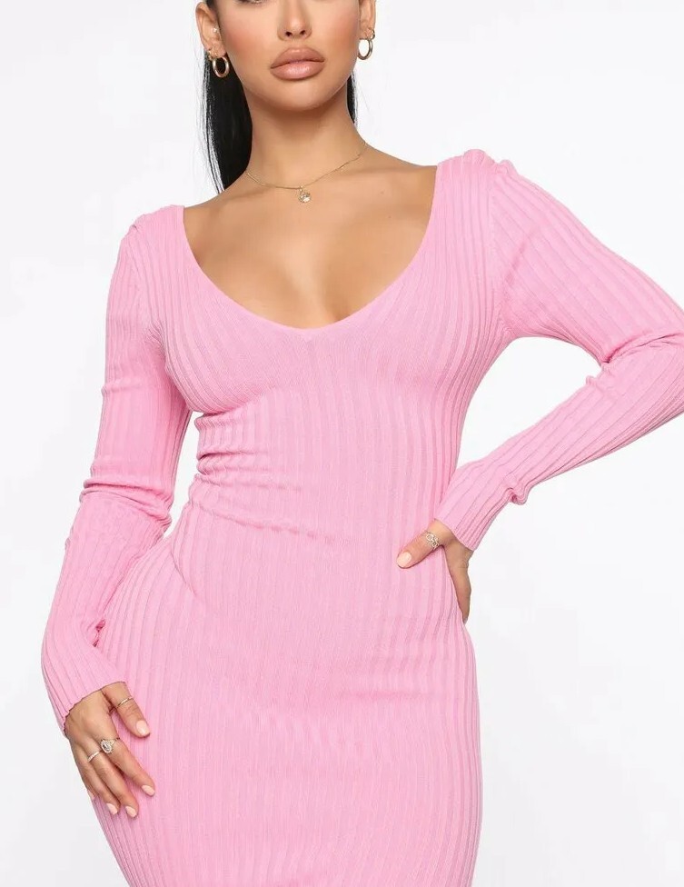 Long Sleeve Sweater V-Neck, Kallan Knit Dress in Pink, Size XL, | Fashion Nova