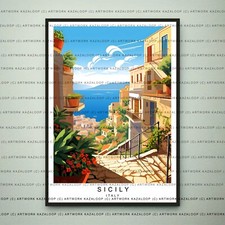 Italian Riviera View Unframed Illustration Art Sicily Coastal Landscape